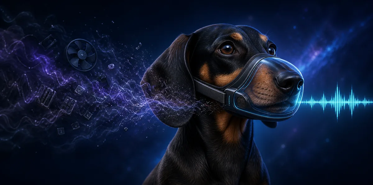 Такса в акустическом наморднике: внешний шум блокируется, а чистая голосовая волна проходит дальше